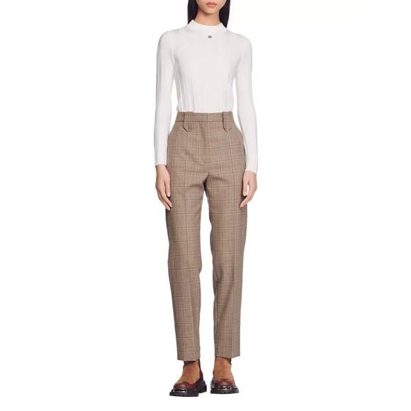 Sandro NWOT Women's Vally Tailored Check Straight Leg Pants Brown Plaid Size XS - Picture 1 of 8